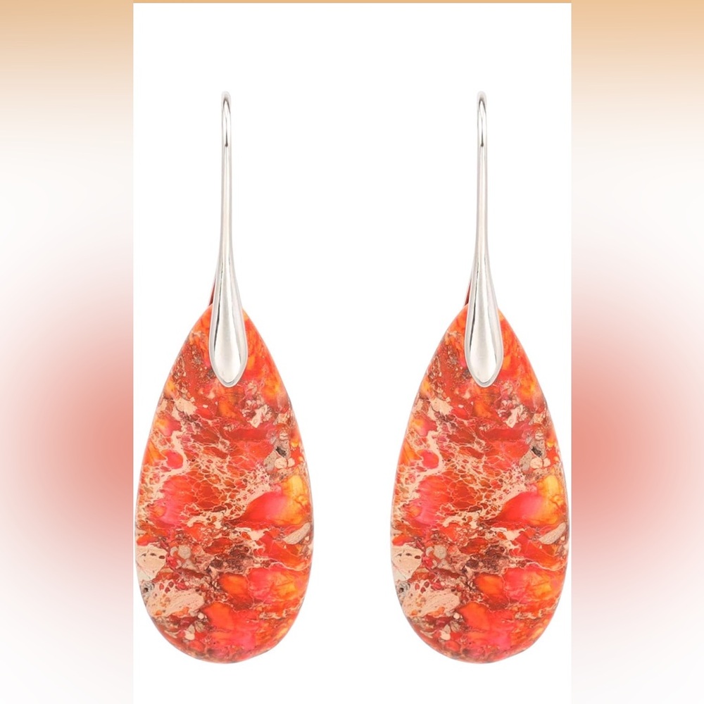 Orange Jasper Teardrop Stone Dangle Earrings 2.5”